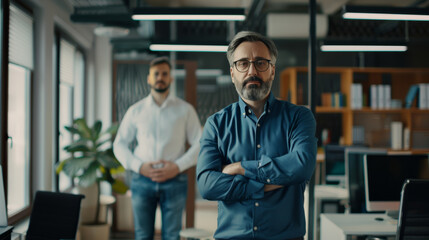 Fototapeta premium Two professional men in an office; one in foreground crossing arms with authority.