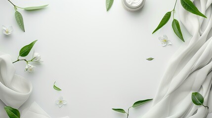 Flat lay of eco-friendly beauty products, natural textures and leaves on a white background with space for copy text