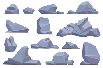 Cartoon rocks and stones. Gray boulders. Granite gravel. Cracked cobbles. Geology minerals. Different sizes. Polygonal rocky objects. Natural geological shapes. Mountain pieces vector set
