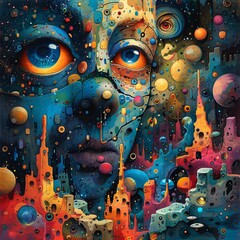 colorful face in a surreal dream, playful mind
