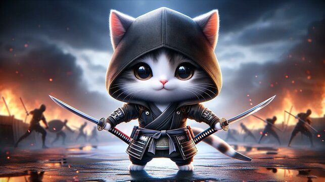 Samurai cat chibi neko characters 02 generative AI image