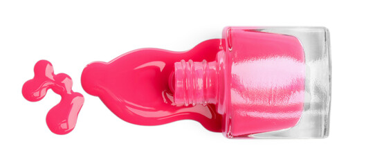 Bottle and spilled pink nail polish isolated on white, top view