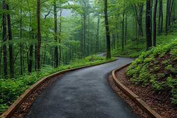 Winding Paved Path Through A Misty Green Forest