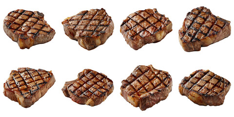 Collection of Juicy Sirloin Steak With Grill Marks isolated on transparent png background. Generative ai