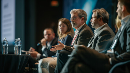 Confident professionals participate in a discussion panel at a business conference.