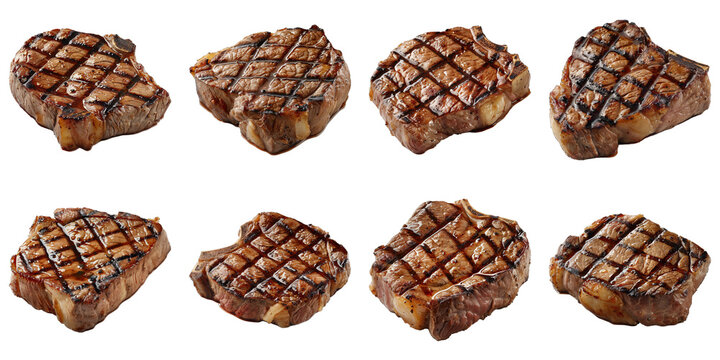 Collection of Juicy Sirloin Steak With Grill Marks isolated on transparent png background. Generative ai