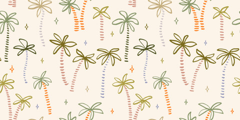 Seamless pattern with ink doodle Palm trees. Trendy tropical background. Hand drawn vector illustration. Boho, beach , jungle wallpaper.  © Radiocat