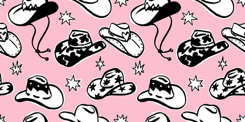 Seamless pattern with various hand drawn doodle ink brush trendy cowboy hats . Boho American western desert background.Vector funky illustration. 
