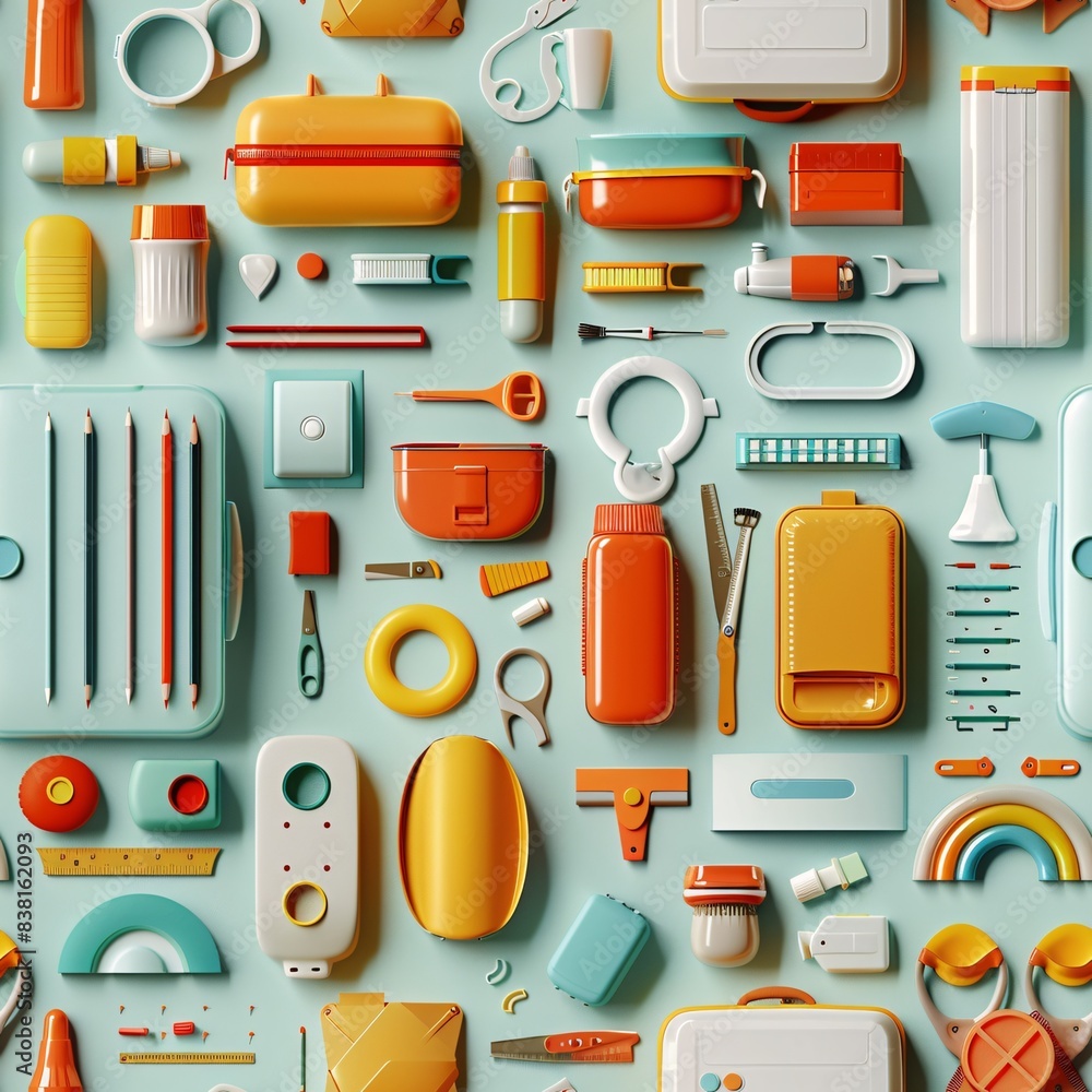 Aufkleber a collection of 3d-rendered school essentials, including lunchboxes, scissors, and glue sticks, form