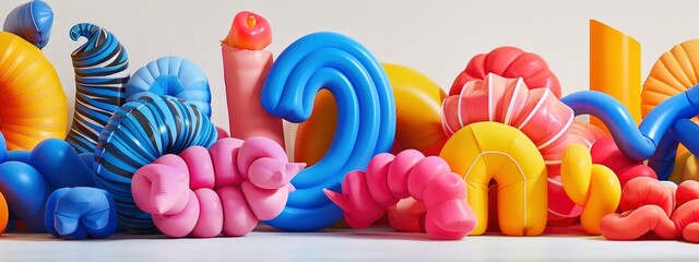 Colorful abstract hypertrophied forms made of inflatable items on white background in style of 3d.