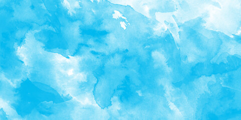 Aquarelle texture of painted sky blue watercolor, Stylist beautiful white clouds in natural bright sky. old style dark blue grunge texture, Abstract blue smoke on black background.