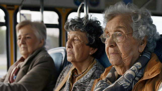 Three elderly women lost in thought while riding a bus, each absorbed in her own world.