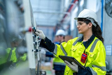 Male and female engineers in neat work clothes prepare and control the production system of large...