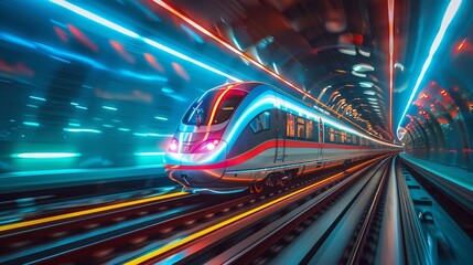 A highspeed train zooming through a tunnel with lights creating streaks of color close up speed and efficiency theme dynamic blend mode underground backdrop. realistically