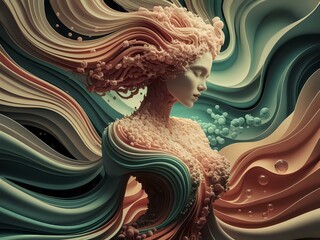 Surreal Striped Figure Amidst Swirling Pastels

