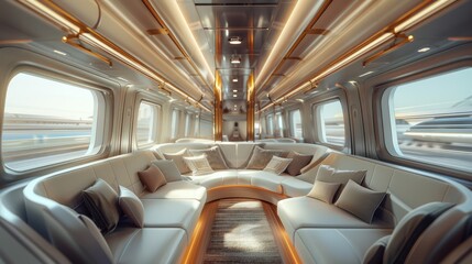 Interior of a modern highspeed train showcasing spacious seating and amenities close up comfort and luxury theme vibrant overlay futuristic cabin backdrop