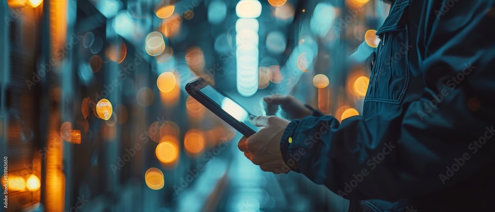 Poster an engineer with a blurred hand adjusting settings on a tablet that controls