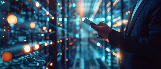 an engineer with a blurred hand adjusting settings on a tablet that controls