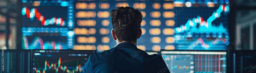 Poster modern office workspace of a stock trader