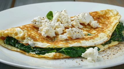 Egg white omelet with spinach and cottage cheese in a white plate closeup, healthy eating