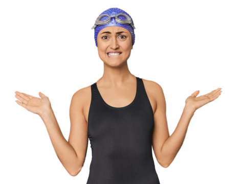 Young Caucasian female professional swimmer confused and doubtful shrugging shoulders to hold a copy space.