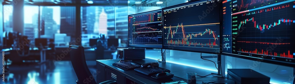Poster modern office workspace of a stock trader