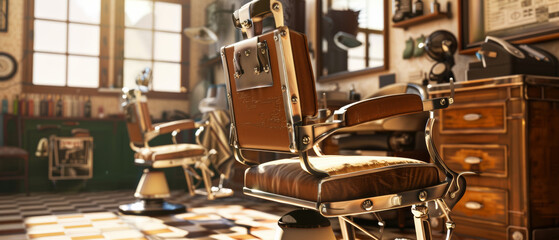 Vintage barbershop interior with classic barber chairs and reflective checkerboard floor.