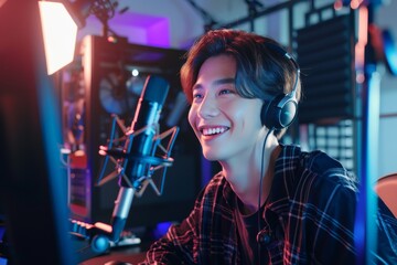部屋で動画配信の撮影をする日本人男性（ライブ配信・YouTube・ ユーチューバー・クリエイター）