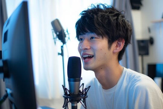 部屋で動画配信の撮影をする日本人男性（ライブ配信・YouTube・ ユーチューバー・クリエイター）
