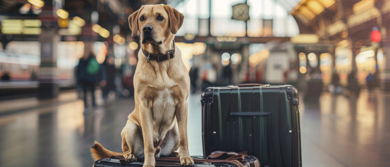 A watchful dog guards a suitcase at the train station, awaiting its next journey.