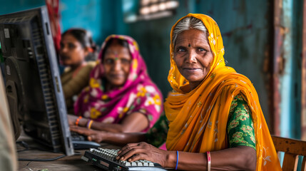 Indian woman learning computer, computer class