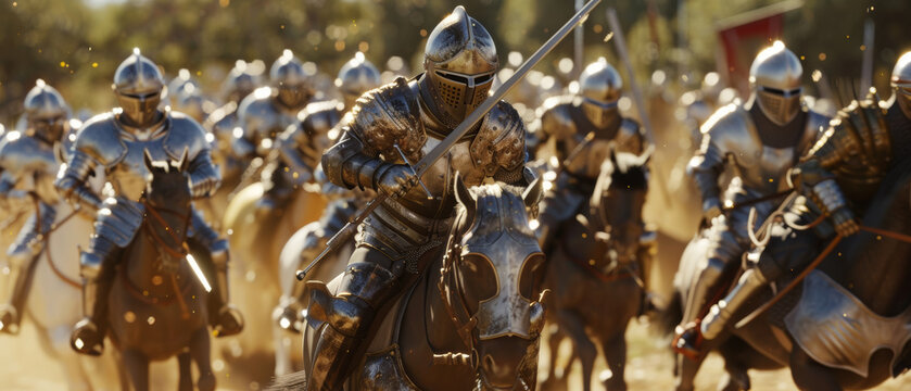 Epic medieval knights on horseback charge into battle in CGI scene.