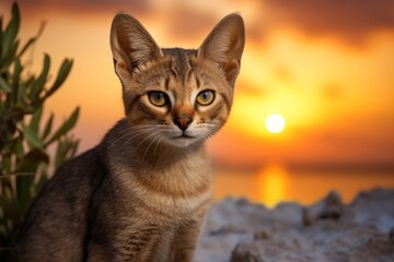 Obraz premium Portrait of a cute chausie cat in front of stunning sunset beach background