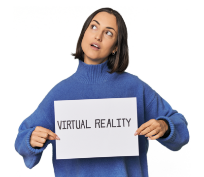 Young woman showcasing "virtual reality" in studio