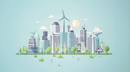 Obraz premium Renewable Energy Solutions: Depict renewable energy solutions with wind turbines, solar panels, and sustainable infrastructure,
