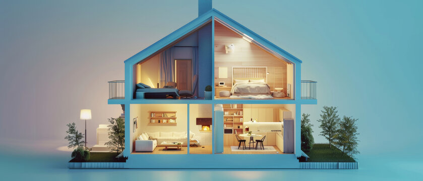 A serene blue-hued home cutaway, inviting a peek into its sleek and modern interior.
