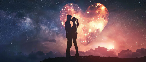 Obraz premium Romantic couple kissing within a heart-shaped nebula under a starry sky.