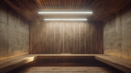 a modern wooden interior in a bathhouse, with many wood slats and wooden benches for a spa and steam room at a luxury hotel or resort with copy space