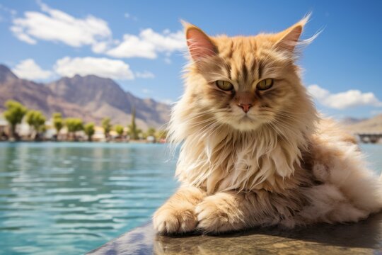 Portrait of a funny ragamuffin cat on beautiful lagoon background