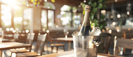 Champagne on ice in a bucket at a sunlit, elegant restaurant setting.