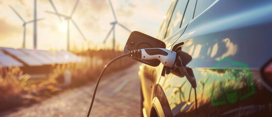 Sunset hues highlight charging electric car with solar panels and wind farms backdrop.