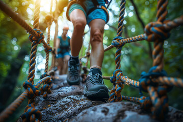 Close-up shot of colleagues participating in a ropes course challenge as part of a team-building exercise in the outdoors