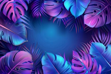 Summer party banner design template with glowing neon light on fluorescent tropical leaves background. Summer holiday vector illustration for banner, flyer, invitation or holiday poster. 