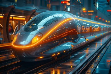 Sleek, futuristic train with glowing lights sits on tracks in a city station. Its aerodynamic design and vibrant lighting showcase the advanced technology of modern transportation