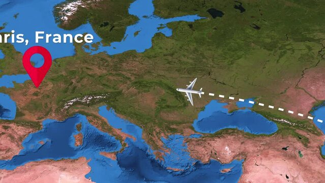 International flight travel route from New Delhi to Paris on worlds map in 4K