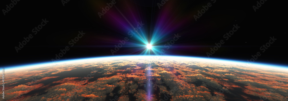 Canvas Prints earth sunrise from space over cloudy ocean. 3d rendering