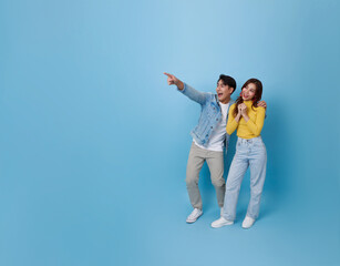 Amazed excited Asian couple tourists pointing hand to empty space isolated on blue banner...