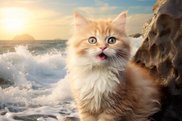 Obraz premium Portrait of a smiling munchkin cat isolated on crashing waves background