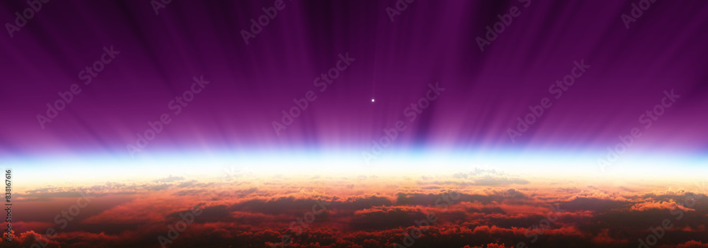 Sticker sunrise from space aurora, 3d rendering