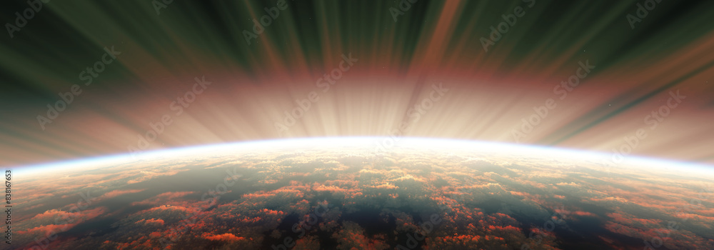 Wall mural sunrise from space aurora, 3d rendering